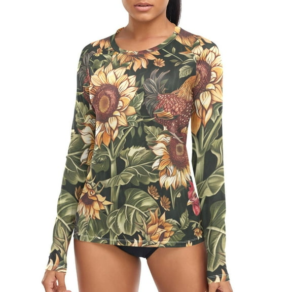 joogoo Womens UPF 50  Rash Guard Chicken and Sunflowers Long Sleeve UV Protection Sun Shirts Tops XL