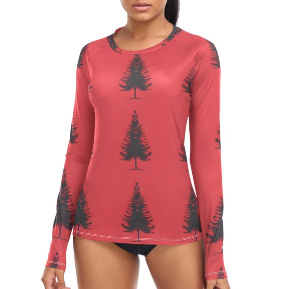joogoo Womens UPF 50  Rash Guard Christmas Tree on Red Long Sleeve UV Protection Sun Shirts Tops S