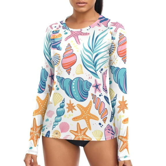 joogoo Womens UPF 50  Sun Shirts Conch Starfish Long Sleeve UV Protection Rash Guard Tops L