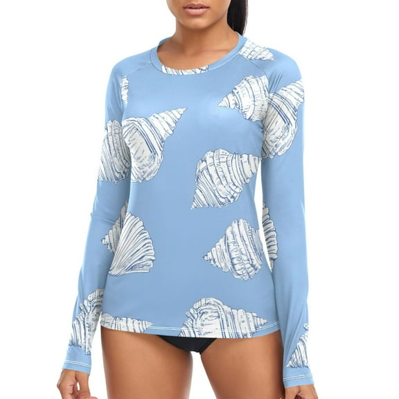 joogoo Womens UPF 50  Rash Guard Conch on Blue Long Sleeve UV Protection Sun Shirts Tops S