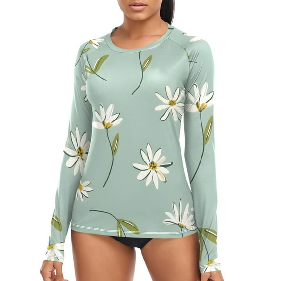 joogoo Womens UPF 50  Rash Guard Daisy Floral Pattern Long Sleeve UV Protection Sun Shirts Tops M