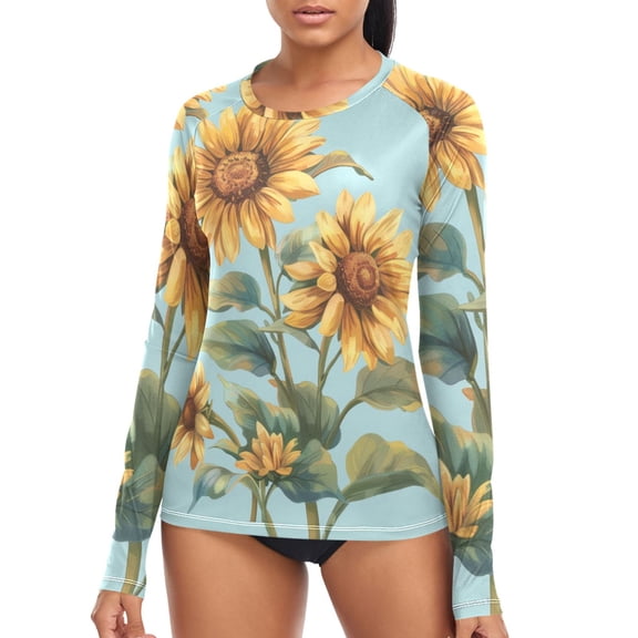 joogoo Womens UPF 50 Rash Guard Daisy Flowers on Blue Long Sleeve UV Protection Sun Shirts Tops XL