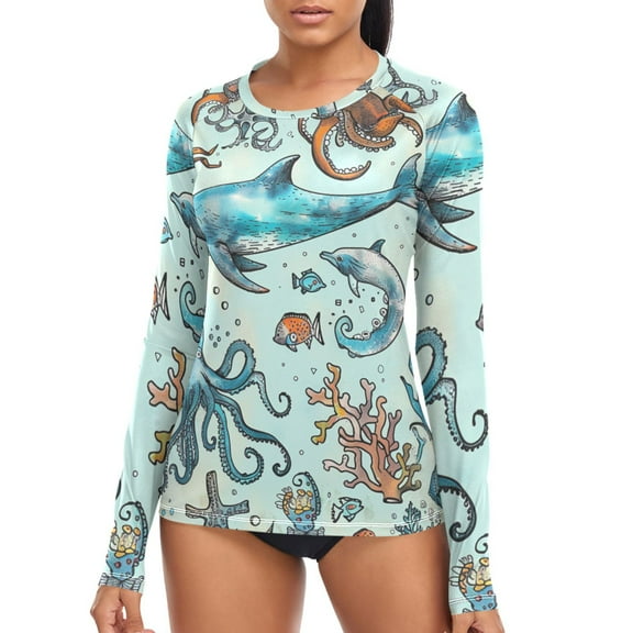 joogoo Womens UPF 50+ Sun Shirts Dolphin and Octopus Long Sleeve UV Protection Rash Guard Tops S