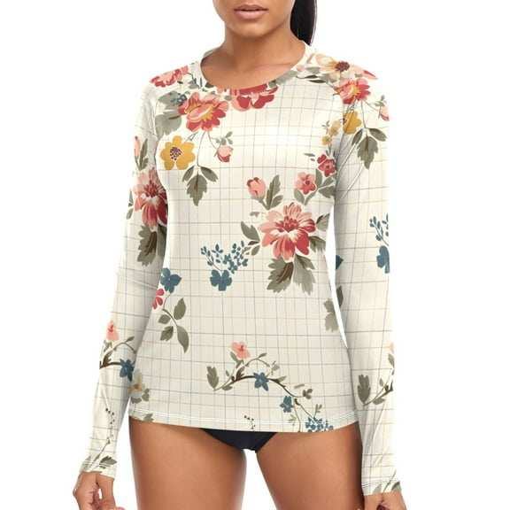 joogoo Womens UPF 50  Rash Guard Floral on Checkered Long Sleeve UV Protection Sun Shirts Tops S