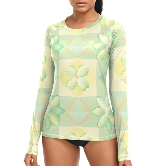 joogoo Womens UPF 50  Sun Shirts Flower Art Checkered Grid Pattern Long Sleeve UV Protection Rash Guard Tops XL
