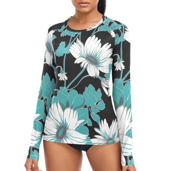 joogoo Womens UPF 50 Rash Guard Flower Botanical Long Sleeve UV Protection Sun Shirts Tops L