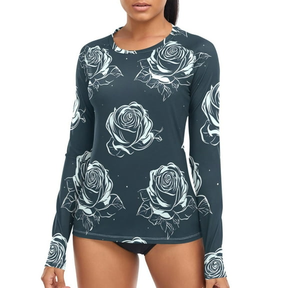 joogoo Womens UPF 50  Rash Guard Flowers Roses Long Sleeve UV Protection Sun Shirts Tops L