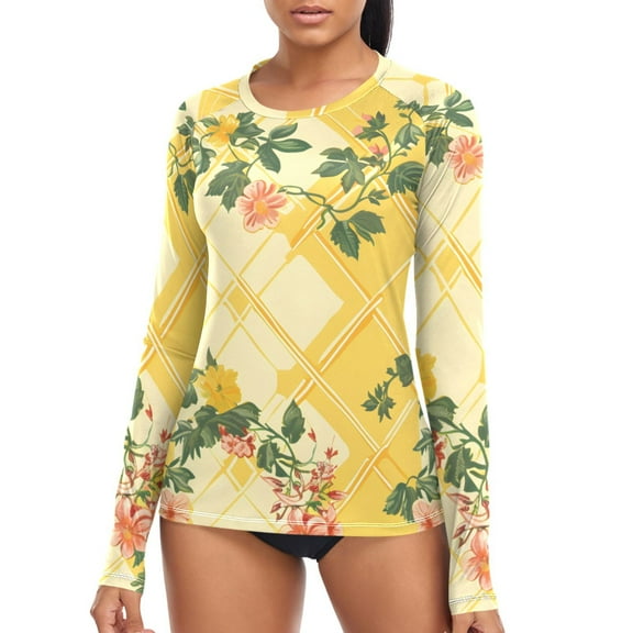 joogoo Womens UPF 50 Sun Shirts Flowers on Checkered Grid Pattern Long Sleeve UV Protection Rash Guard Tops S