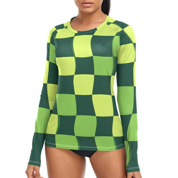 joogoo Womens UPF 50  Sun Shirts Green Checkered Pattern Long Sleeve UV Protection Rash Guard Tops M
