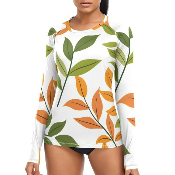 joogoo Womens UPF 50  Rash Guard Green Leaves Summer Long Sleeve UV Protection Sun Shirts Tops L