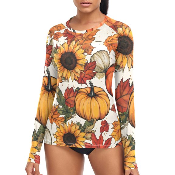 joogoo Womens UPF 50+ Sun Shirts Harvest Fall Pumpkins Long Sleeve UV Protection Rash Guard Tops M