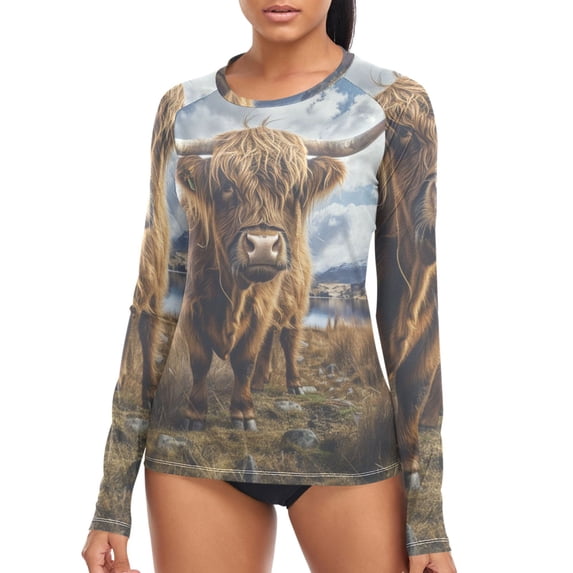 joogoo Womens UPF 50+ Sun Shirts Highland Cow Long Sleeve UV Protection Rash Guard Tops M