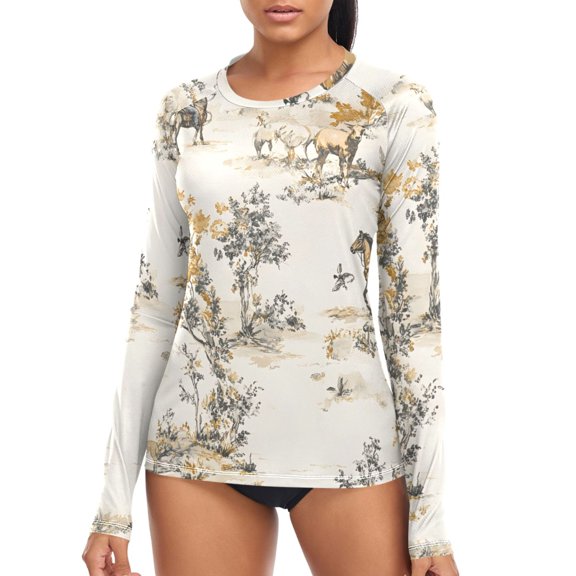 joogoo Womens UPF 50  Rash Guard Horses Pattern Long Sleeve UV Protection Sun Shirts Tops M
