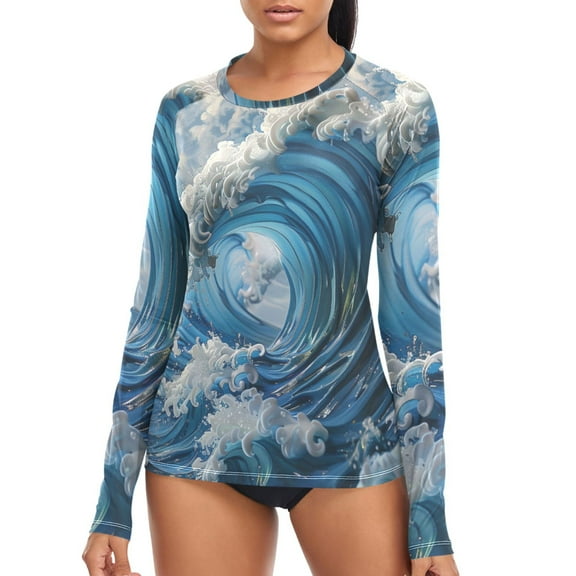 joogoo Womens UPF 50 Sun Shirts Japanese Wave Long Sleeve UV Protection Rash Guard Tops L