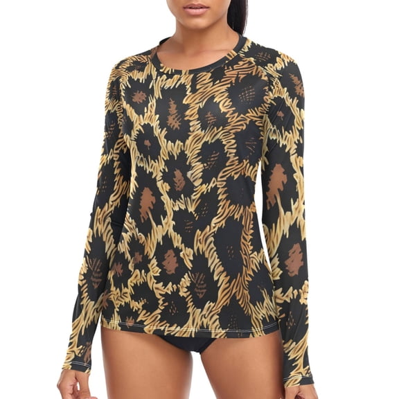 joogoo Womens UPF 50  Rash Guard Leopard Pattern Long Sleeve UV Protection Sun Shirts Tops L