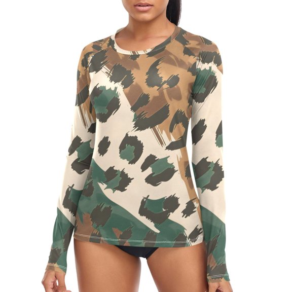 joogoo Womens UPF 50  Rash Guard Leopard Skin Pattern Long Sleeve UV Protection Sun Shirts Tops L