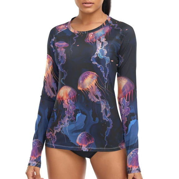 joogoo Womens UPF 50  Rash Guard Magic Jellyfish on Dark Background Long Sleeve UV Protection Sun Shirts Tops M