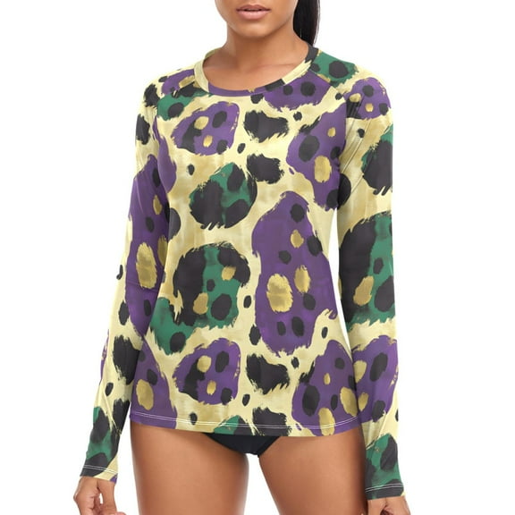 joogoo Womens UPF 50 Rash Guard Mardi Gras Leopard Long Sleeve UV Protection Sun Shirts Tops L