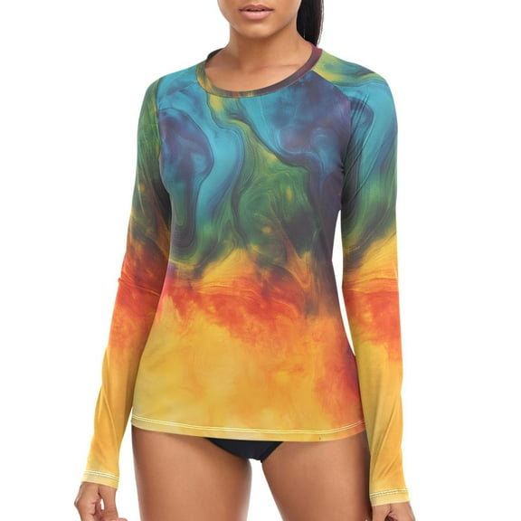 joogoo Womens UPF 50  Sun Shirts Orange Blue Tie Dye Long Sleeve UV Protection Rash Guard Tops L