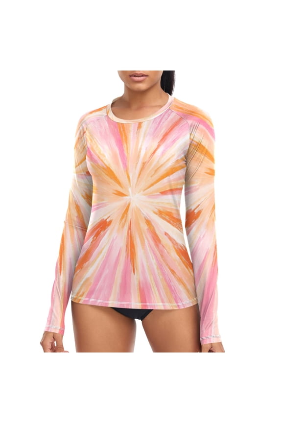 Womens UPF 50+ Sun Shirts Orange Tie-dye Pattern Long Sleeve UV Protection Rash Guard Tops S