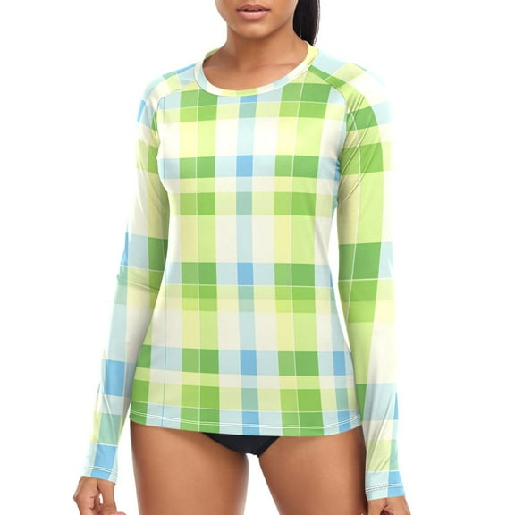 joogoo Womens UPF 50  Sun Shirts Pastel Checkered Plaid Long Sleeve UV Protection Rash Guard Tops S