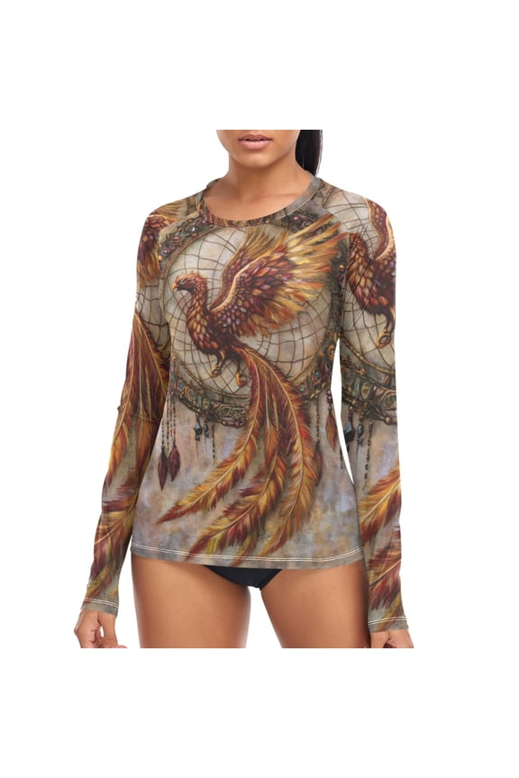 Womens UPF 50+ Rash Guard Phoenix with Feather Long Sleeve UV Protection Sun Shirts Tops XL