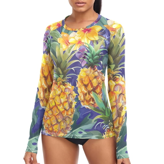 joogoo Womens UPF 50+ Rash Guard Pineapple Tropical Flowers Long Sleeve UV Protection Sun Shirts Tops XL