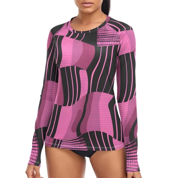 joogoo Womens UPF 50  Sun Shirts Pink Checkered Grid Art Pattern Long Sleeve UV Protection Rash Guard Tops XL