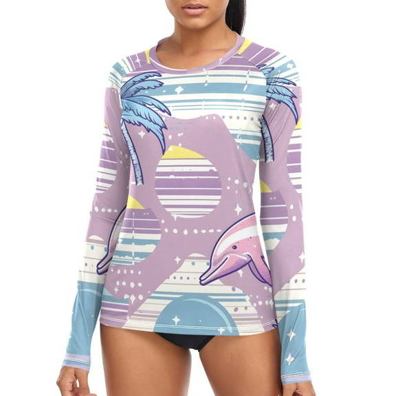 joogoo Womens UPF 50  Sun Shirts Pink Palm Tree and Dolphin Long Sleeve UV Protection Rash Guard Tops XS
