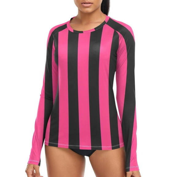 joogoo Womens UPF 50  Sun Shirts Pink and Black Stripe Pattern Long Sleeve UV Protection Rash Guard Tops L