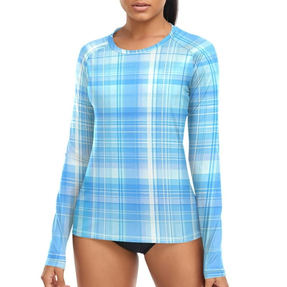joogoo Womens UPF 50  Sun Shirts Plaid Checkered Blue Long Sleeve UV Protection Rash Guard Tops S
