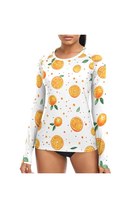 Womens UPF 50+ Rash Guard Polka Dot Orange Long Sleeve UV Protection Sun Shirts Tops XS