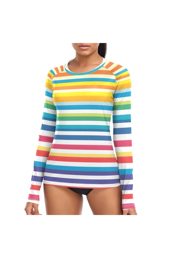 Womens UPF 50+ Rash Guard Rainbow Stripes Long Sleeve UV Protection Sun Shirts Tops M