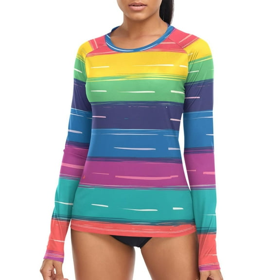 joogoo Womens UPF 50 Sun Shirts Rainbow Stripes Pattern Long Sleeve UV Protection Rash Guard Tops S