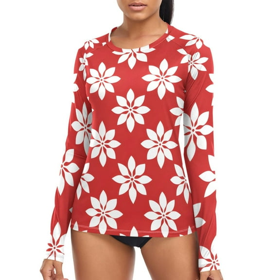 joogoo Womens UPF 50  Sun Shirts Red Flower Long Sleeve UV Protection Rash Guard Tops L