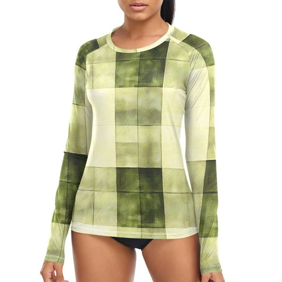 joogoo Womens UPF 50+ Rash Guard Retro Checkered Grid Long Sleeve UV Protection Sun Shirts Tops S