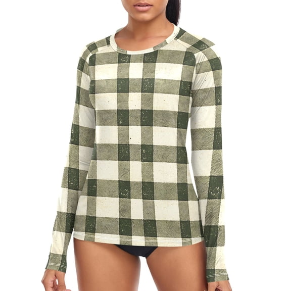 joogoo Womens UPF 50+ Rash Guard Retro Checkered Grid Long Sleeve UV Protection Sun Shirts Tops XS