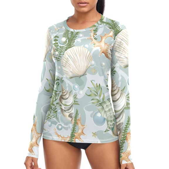 joogoo Womens UPF 50+ Sun Shirts Seashells Bubbles Seaweed Long Sleeve UV Protection Rash Guard Tops L