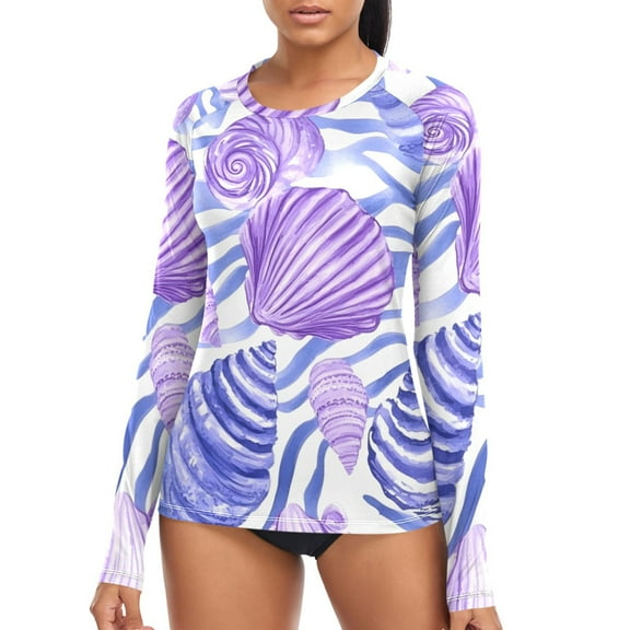 joogoo Womens UPF 50  Sun Shirts Seashells Conch on Wave Long Sleeve UV Protection Rash Guard Tops M