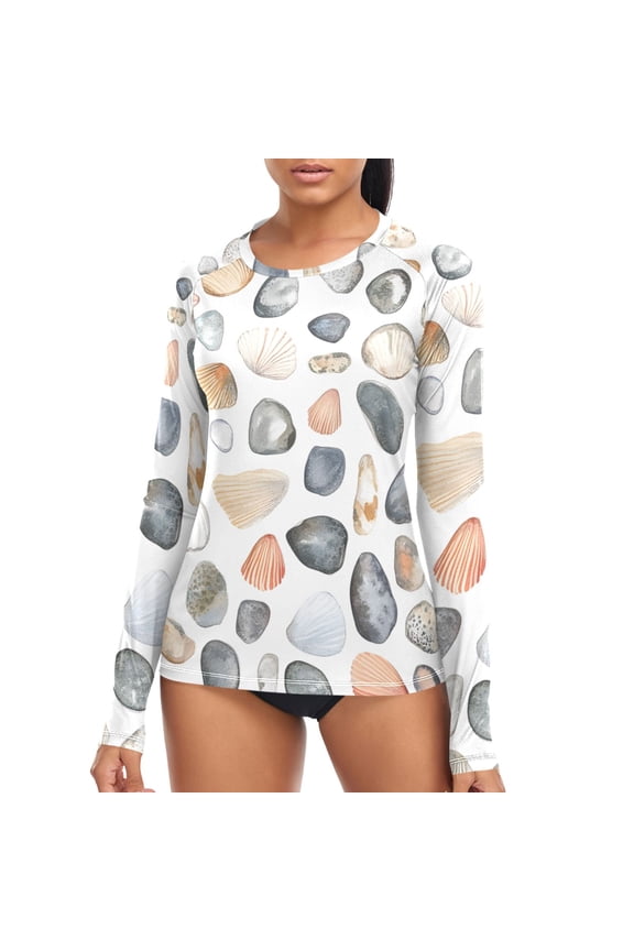Womens UPF 50+ Sun Shirts Seashells Stone Long Sleeve UV Protection Rash Guard Tops S