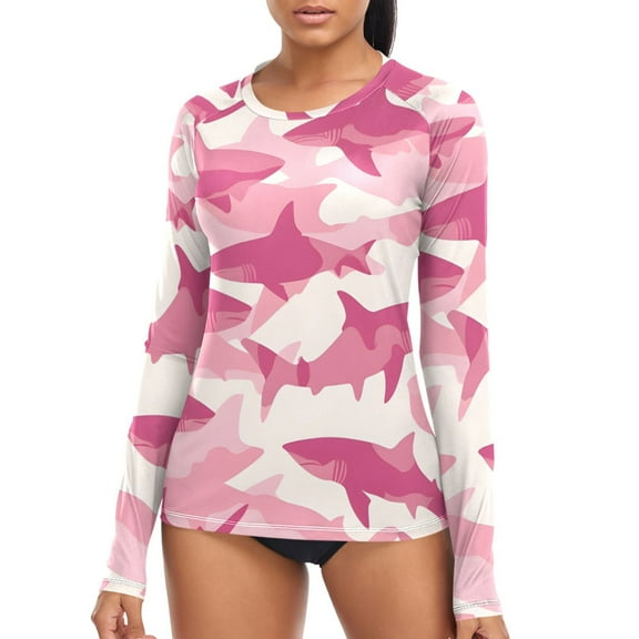 joogoo Womens UPF 50 Sun Shirts Sharks Pattern Long Sleeve UV Protection Rash Guard Tops S