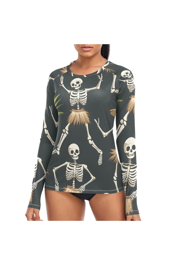 Womens UPF 50+ Sun Shirts Skeleton Dancing Long Sleeve UV Protection Rash Guard Tops S