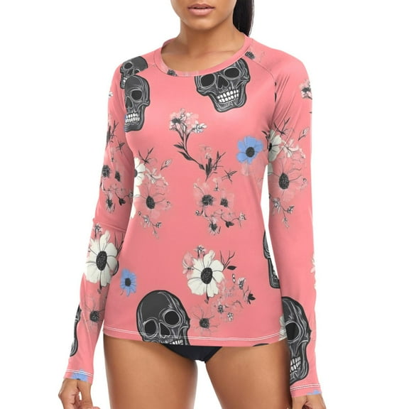 joogoo Womens UPF 50+ Rash Guard Skull Floral Long Sleeve UV Protection Sun Shirts Tops S