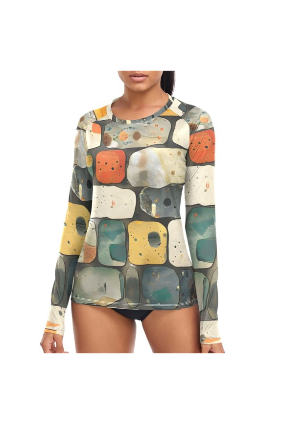 Womens UPF 50+ Sun Shirts Stone Pattern Long Sleeve UV Protection Rash Guard Tops L