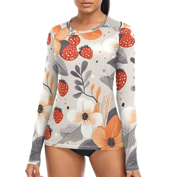 joogoo Womens UPF 50  Rash Guard Strawberry Flower Long Sleeve UV Protection Sun Shirts Tops M