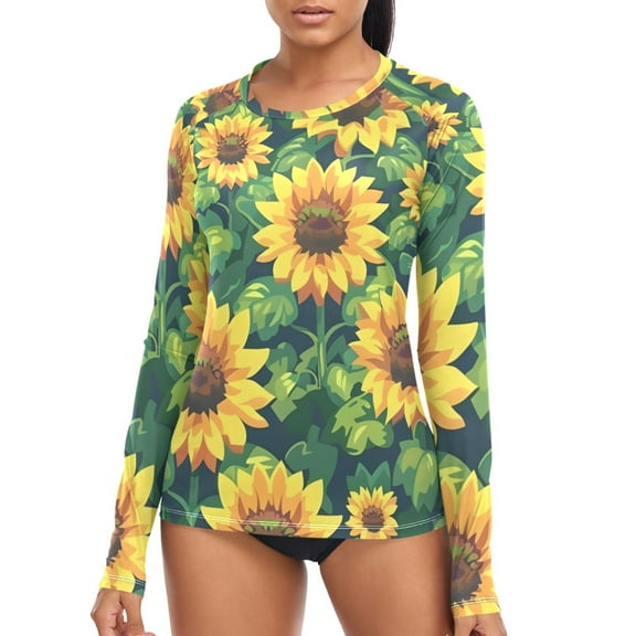 joogoo Womens UPF 50 Sun Shirts Summer Sunflower and Leaves Long Sleeve UV Protection Rash Guard Tops M