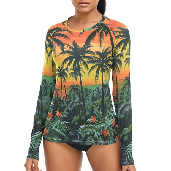 joogoo Womens UPF 50  Rash Guard Sunset Tropical Forest Long Sleeve UV Protection Sun Shirts Tops XL