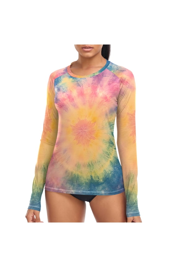 Womens UPF 50+ Sun Shirts Tie Dye Orange Long Sleeve UV Protection Rash Guard Tops S