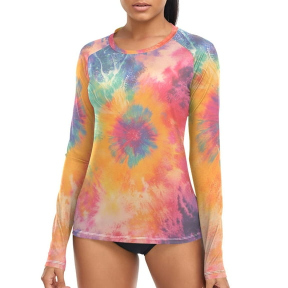 joogoo Womens UPF 50  Sun Shirts Tie Dye Orange Swirl Print Long Sleeve UV Protection Rash Guard Tops L