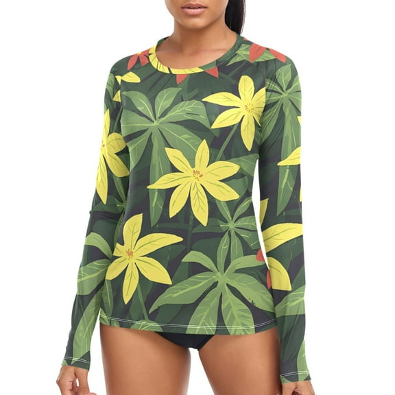 joogoo Womens UPF 50  Sun Shirts Tropical Flowers Long Sleeve UV Protection Rash Guard Tops L